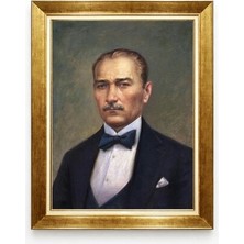 Atatürk Papyonlu Portre Kanvas Tablo Modern Sanat Altın Renk Çerçeveli
