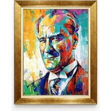 Modern Sanat Renkli Atatürk Tablosu - Pop Art Tarzı Gold Çerçeveli Kanvas