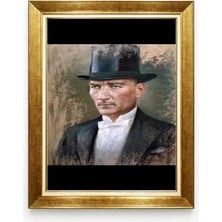 Atatürk Portresi Siyah Silindir Şapkalı Kanvas Tablo Altın Rengi Çerçeveli