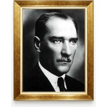 Atatürk Siyah Beyaz Klasik Portre Altın Çerçeveli Şık Duvar Tablosu