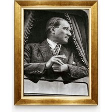 Atatürk Tren Penceresi Nostaljik Kanvas Tablo - Altın Çerçeveli Siyah Beyaz Atatürk Portresi