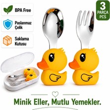Jojobebek Ördek Figürlü Çocuk Paslanmaz Çelik Çatal ve Kaşık Seti (Sarı Renk)