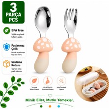 Pembe Mantar Figürlü Premium Çocuk Bpa Free Silikon Sap Paslanmaz Çelik Uçlu Çatal-Kaşık Set 9+ Ay