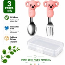 Jojobebek Figürlü Pembe Premium Çocuk Bpa Free Silikon Saplı Paslanmaz Çelik Uçlu Çatal-Kaşık, (9+ Ay)