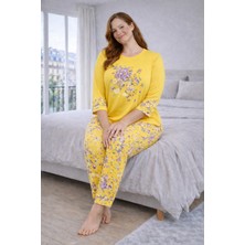 Büyük Beden Kadın Pijama Takımı Sarı, Çiçek Desenli Rahat Kalıp Yumuşak Kumaş Ev Giyim
