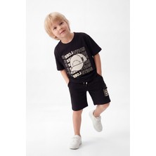 Joy Kids Erkek Çocuk %100 Pamuk Şapkalı Baskılı Günlük Takım (5-8yaş) (Siyah)