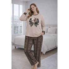 Kadın Büyük Beden Leopar Desenli Pijama Takımı – Uzun Kollu Rahat Kesim Şık Ev Giyim Yazlık