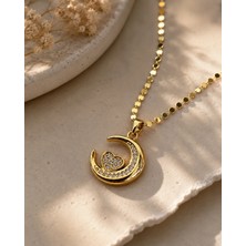 Heraldis Gold Hilal Figürlü Taşlı Paslanmaz Çelik Kolye
