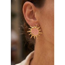 Aurrari Gold Pembe Mineli Güneş Premium Çelik Küpe