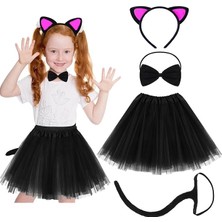 Uravas Store Kedi Kulak Taç Etek Kuyruk ve Papyon 4 Lü Set Çocuk Fuşya