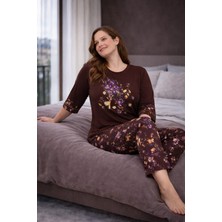 Büyük Beden Kadın Pijama Takımı Kahve, Çiçek Desenli Rahat Kalıp Yumuşak Kumaş Ev Giyim