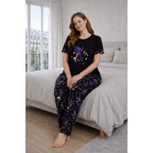 Büyük Beden Kadın Kısa Kollu Pijama Takımı Siyah, Çiçek Desenli Rahat Kalıp Yumuşak Kumaş Ev Giyim