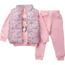 BeU Kids Kız Çocuk 3'lü Takım %100 Pamuk Pembe Şişme Montlu Eşofman Takım