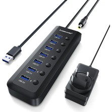 Lemorele TC111 7 Port USB 3.0 Hub Çoklayıcı - Açma Kapama Anahtarlı 5x Veri + 2x Şarj Istasyonu LED Göstergeli USB Çoğaltıcı Adaptör Laptop Masaüstü Pc Uyumlu