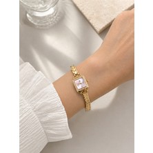 Boris Accessory Kadın Gold Kare Kasa Saat Taş Detaylı Pembe Kadran Zarif Bileklik Tasarımlı Kol Saati
