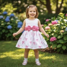 Serkon Baby Kız Bebek %100 Pamuklu Pembe Fiyonklu Bayramlık Elbise - Çiçekli Doğum Günü ve Özel Gün Yazlık Elbisesi