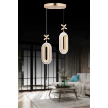Elips Model 2'li Gold 3 Renk Modu Ledli Kristal Taşlı Modern Salon Mutfak Oturma Odası LED Avize
