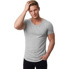RizzUP Erkek Gri Slim Fit %90 Pamuk Açık Yaka Oval Kesim Likralı Basic Tişört 1801199