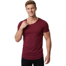 RizzUP Erkek Bordo Slim Fit %90 Pamuk Açık Yaka Oval Kesim Likralı Basic Tişört 1801199