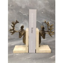 X Mermer Pirinç Geyik Aksesuarlı Traverten Kitap Tutucu-2 Li Set
