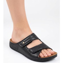 Shoemix Naturela Kadın Siyah Suni Deri Çift Bantlı Cırt Cırtlı Anatomik Terlik