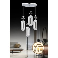 Elips Model 4'lü Gümüş 3 Renk Modu Ledli Kristal Taşlı Modern Salon Mutfak Oturma Odası LED Avize