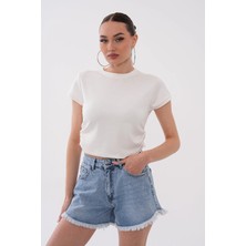 Mega Life Yandan Büzgülü Kristal Kısa Kol T-Shirt