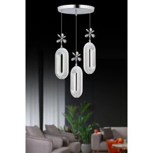 Elips Model 3'lü Gümüş 3 Renk Modu Ledli Kristal Taşlı Modern Salon Mutfak Oturma Odası LED Avize