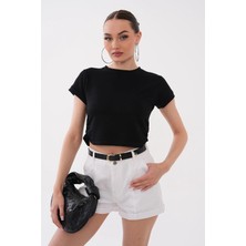 Mega Life Yandan Büzgülü Kristal Kısa Kol T-Shirt