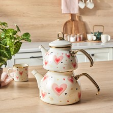 Karaca Pink Love Emaye Kalp Detaylı Midi Boy Çaydanlık Takımı 3,1 Litre