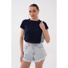 Mega Life Yandan Büzgülü Kristal Kısa Kol T-Shirt