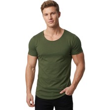 Rizzup Erkek Haki Slim Fit %90 Pamuk Açık Yaka Oval Kesim Likralı Basic Tişört 1801199