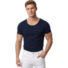 Rizzup Erkek Lacivert Slim Fit %90 Pamuk Açık Yaka Oval Kesim Likralı Basic Tişört 1801199