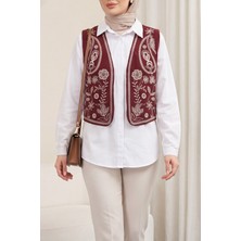 Moda Morfo Nakışlı Fitilli Kadife Yelek -Bordo