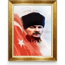 Tablore Türk Bayraklı Atatürk Portresi Modern Tasarım Altın Çerçeveli Tablo