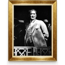 Tablore Atatürk Siyah Beyaz Fotoğraf Tablo Retro Altın Çerçeve Ofis ve Ev Dekoru