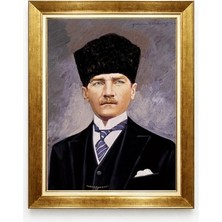 Tablore Atatürk Mavi Arka Plan Yağlı Boya Efektli Çerçeveli Tablo