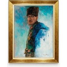 Tablore Giyense Modern Sanat Atatürk Tablosu - Soyut Turkuaz Arka Planlı Üniformalı Atatürk Portresi -