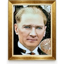 Tablore Atatürk Mavi Gözlü Yakın Plan Portre Tablo Altın Renk Çerçeveli
