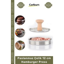 Carlburn Özel Üretim Paslanmaz Çelik Gövde Ahşap Saplı Izgara Desenli Köfte Şekillendirici 12 cm Hamburger Press