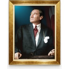 Tablore Atatürk Mavi Fonlu Renkli Portre Tablo - Modern Gold Çerçeve Prestij Serisi