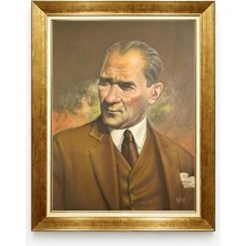 Tablore Atatürk Yağlı Boya Görünümlü Portre Tablo - Kahverengi Takımlı Altın Çerçeveli Kanvas