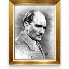 Tablore Atatürk Klasik Karakalem Portre Tablo - Imzalı Sanatsal Çalışma Altın Varaklı Çerçeve
