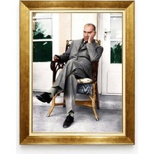 Tablore Atatürk Hasır Koltukta Dinlenen Tablo Nostaljik Kanvas Tablo Altın Çerçeveli Atatürk Duvar Panosu