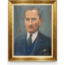 Tablore Mavi Gözlü Dev Atatürk Portresi Kanvas Tablo - Altın Varaklı Şık Çerçeve Sanat Tablosu