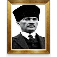 Tablore Atatürk Kalpaklı Siyah Beyaz Tablo - Varaklı Altın Çerçeve Milli Mücadele Serisi
