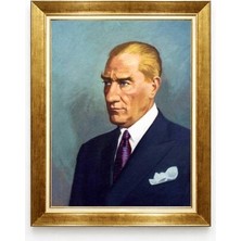 Tablore Atatürk Mavi Gözlü Portre Kanvas Tablo Sanatsal Çizim Gold Çerçeveli Duvar