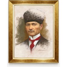 Tablore Atatürk Sanatsal Kalpaklı Portre - Kırmızı Detaylı Yağlı Boya Dokulu Çerçeveli Kanvas Tablo