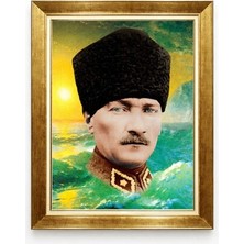 Tablore Deniz ve Gün Doğumu Temalı Atatürk Tablosu - Mavi Gözlü Dev Kalpaklı Portre Duvar Dekoru