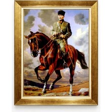 Tablore At Üstünde Atatürk Tablosu - Şaha Kalkmış At Figürlü Altın Çerçeveli Kanvas Duvar Dekoru